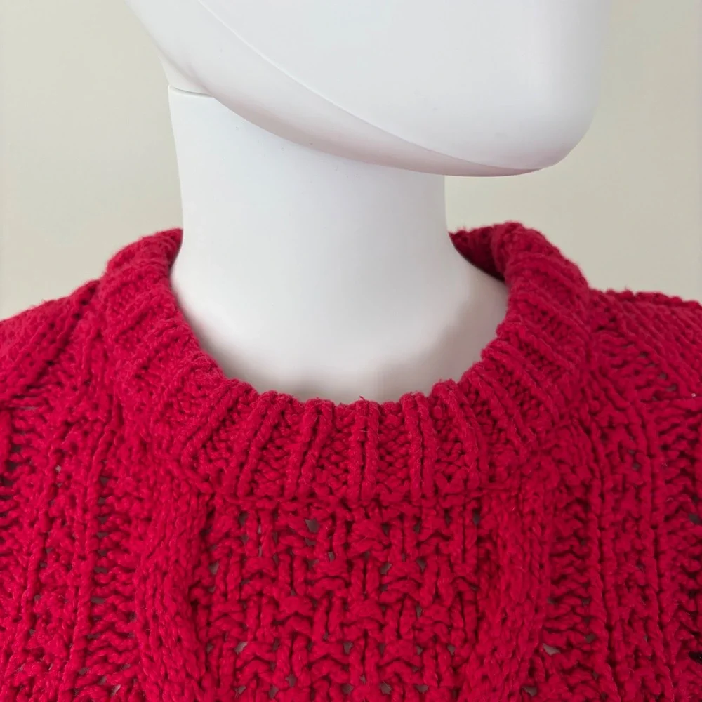 Free People Women Red Chunky Cable Knit Cotton Pullover Cropped Sweater Size S